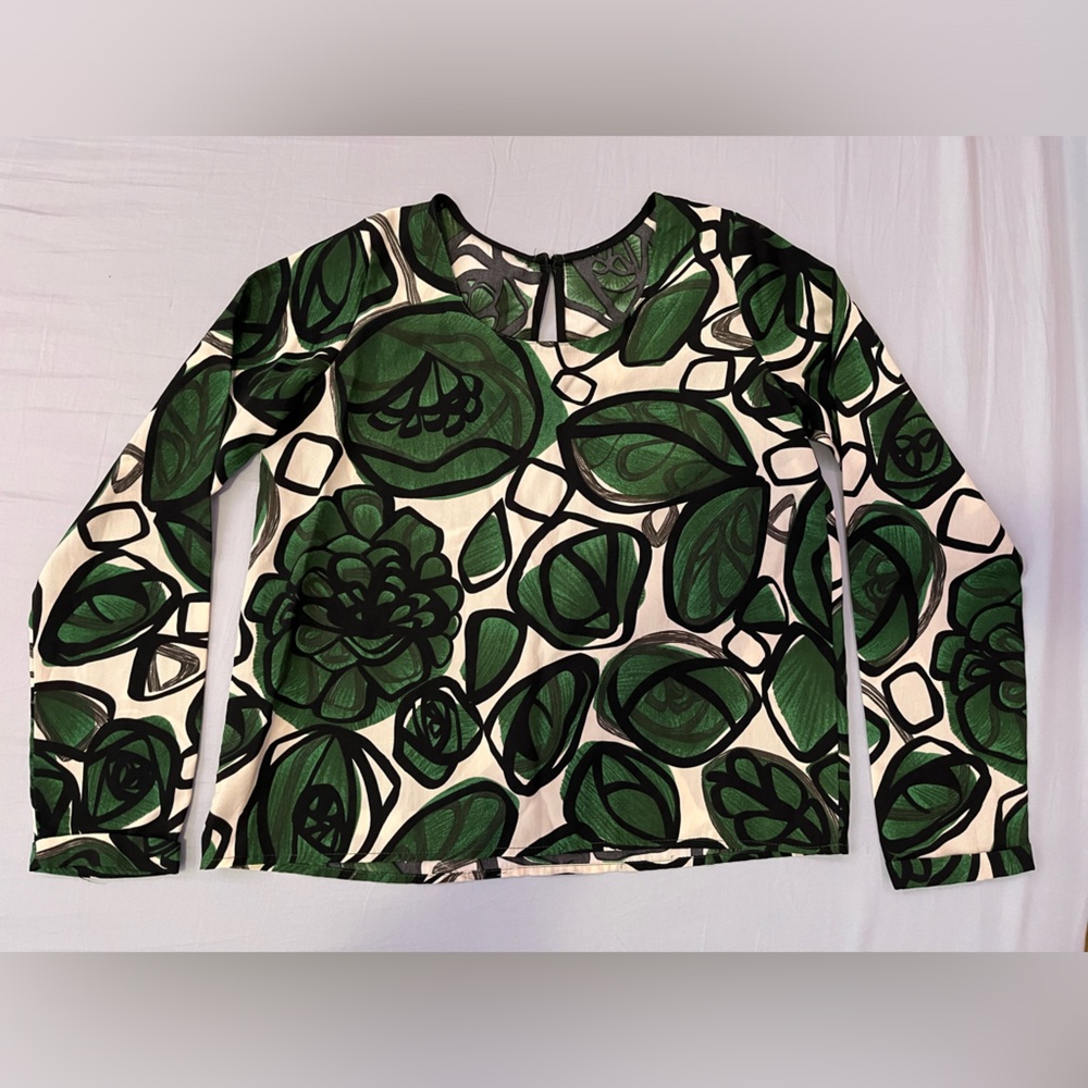Shein | New | Abstract Long Sleeve Green Black Floral Leafy Blouse